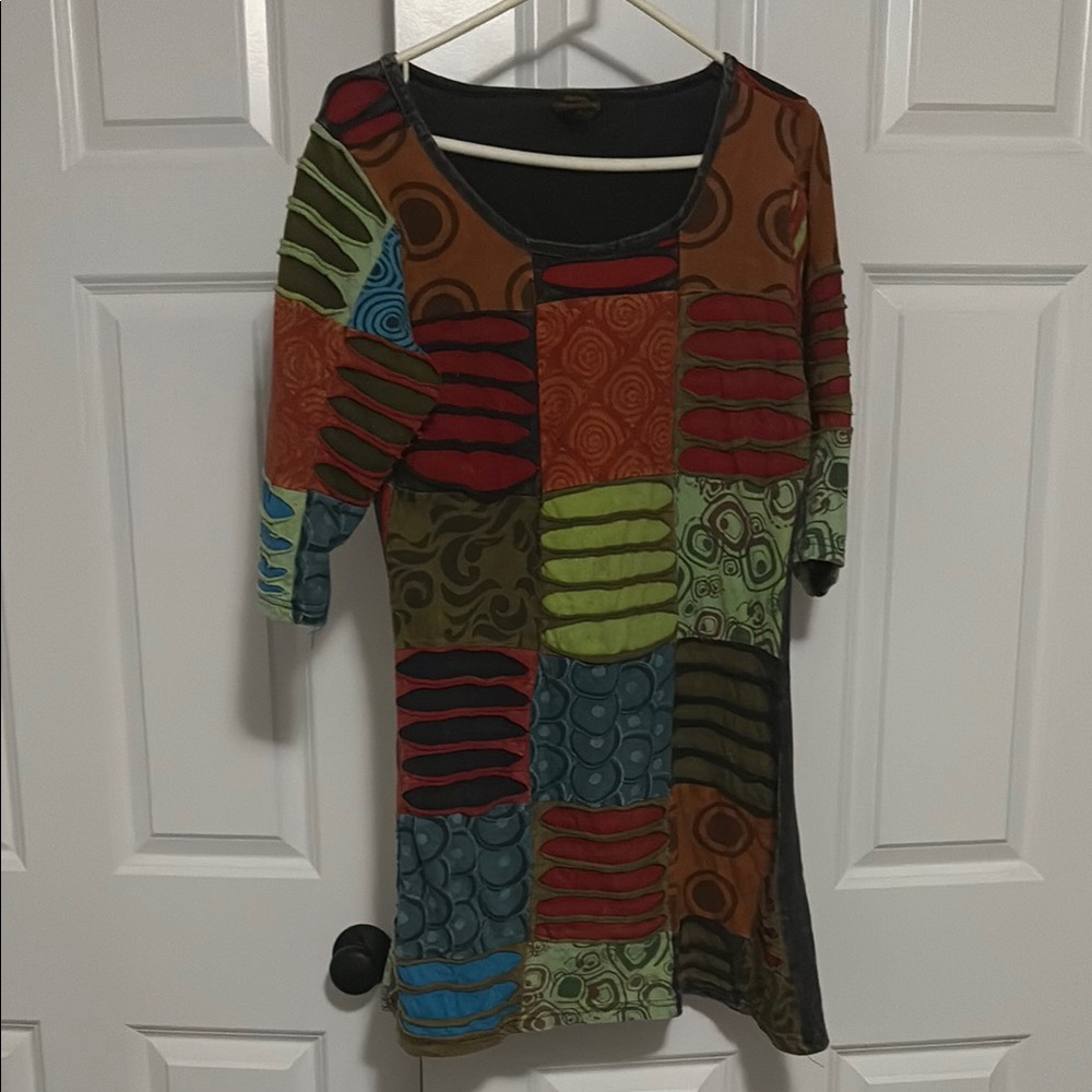 Vintage Rising International Colorful Patchwork Dress Womens Medium Hippie Boho